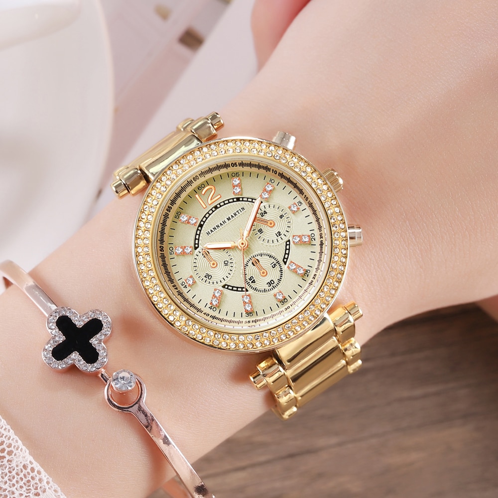 1 set Dropship Women Rose Gold Top Luxury Brand Quartz Rhinestone Fashion Waterproof Wristwatches