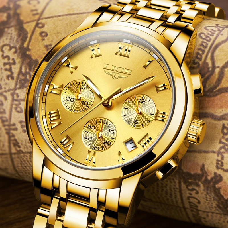 LIGE All Gold Watches Mens 2021 Luxury Fashion Quartz Wristwatch - Image 2