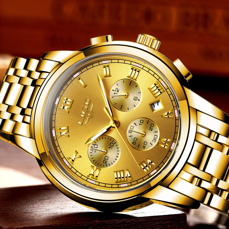 LIGE All Gold Watches Mens 2021 Luxury Fashion Quartz Wristwatch - Image 3