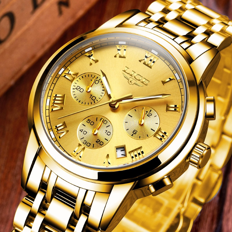 LIGE All Gold Watches Mens 2021 Luxury Fashion Quartz Wristwatch - Image 4