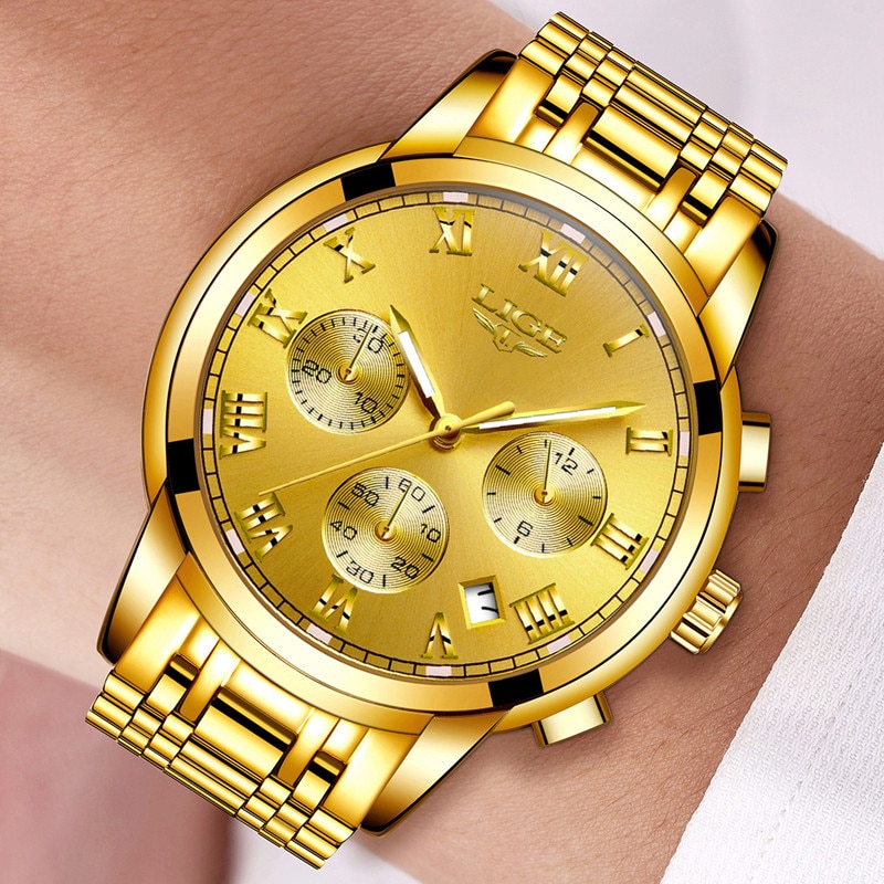 LIGE All Gold Watches Mens 2021 Luxury Fashion Quartz Wristwatch - Image 5