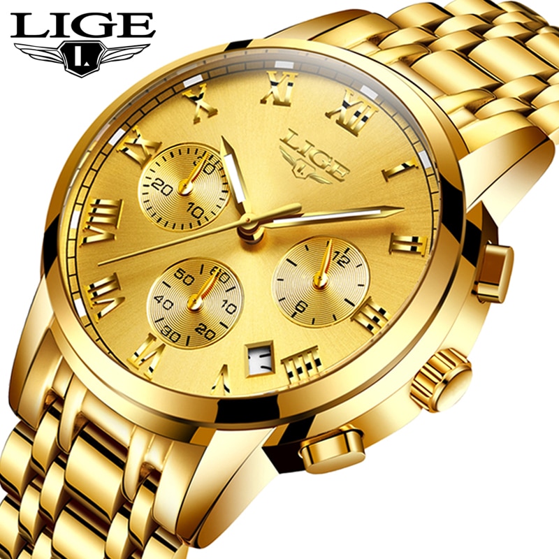 LIGE All Gold Watches Mens 2021 Luxury Fashion Quartz Wristwatch