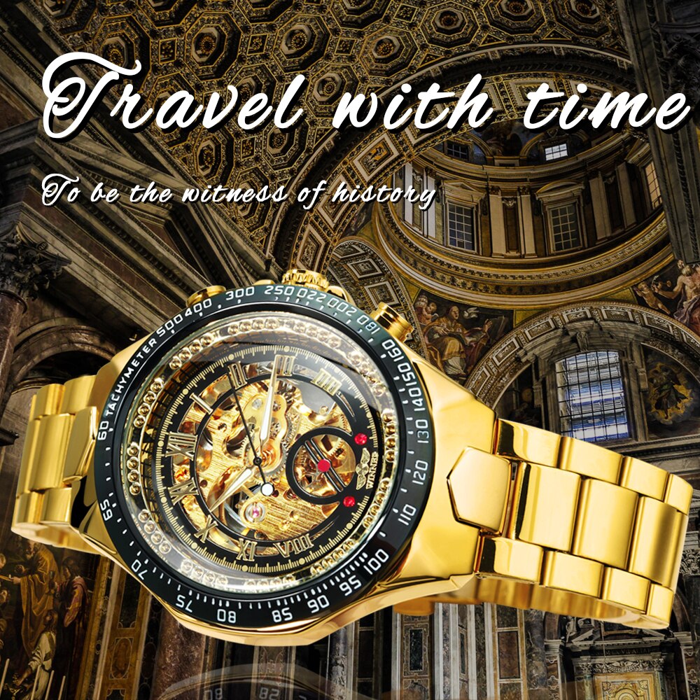 WINNER Official Men Mechanical Wristwatches Skeleton Watch Golden Mens Watches - Image 2